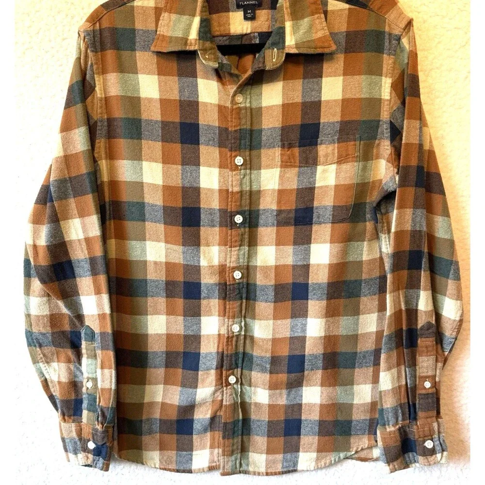 J.‎ Crew Men's Flannel Shirt Size M Brown Tan Plaid Cotton Checked